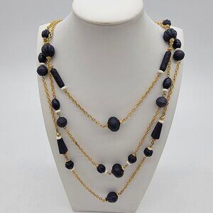 Vintage Gold‎ Tone Blue Plastic Beaded Triple Chain Necklace